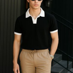 Men's coat collar style polo T-shirt in green, black, and blue – 100% cotton, available in medium, large, and extra large sizes.
