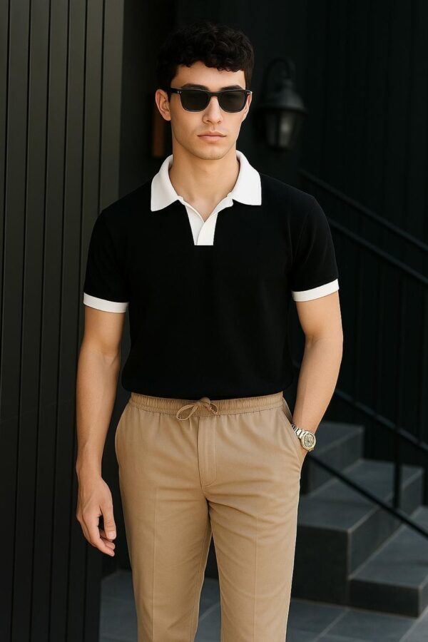 Men's coat collar style polo T-shirt in green, black, and blue – 100% cotton, available in medium, large, and extra large sizes.