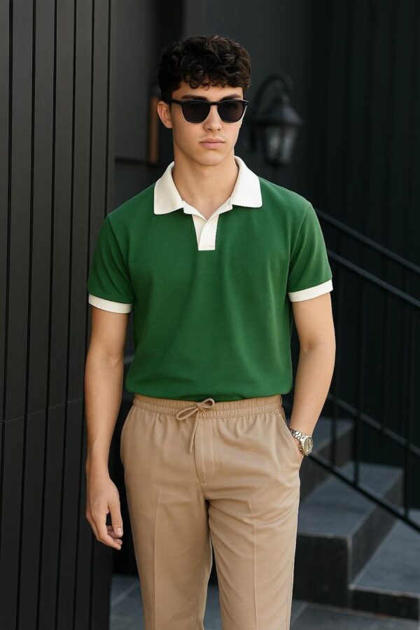 Men's coat collar style polo T-shirt in green, black, and blue – 100% cotton, available in medium, large, and extra large sizes.