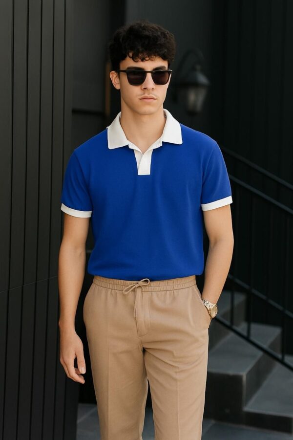 Men's coat collar style polo T-shirt in green, black, and blue – 100% cotton, available in medium, large, and extra large sizes.