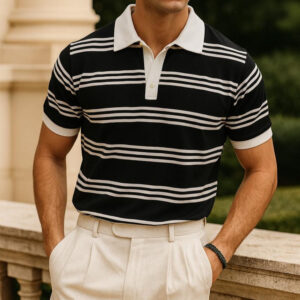 Old Money Striped Printed Collar Polo T-Shirt – Retro Preppy Aesthetic