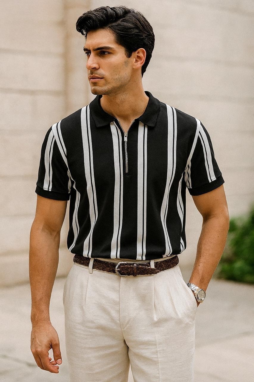 Premium Lining Print Zipper Polo T-Shirt - Image 2